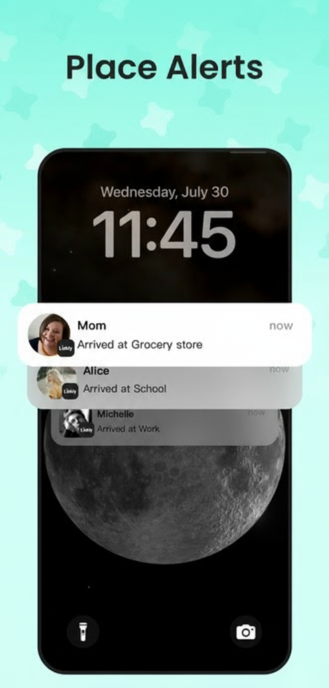 Linkly app smart place alerts feature showing family arrival notifications on phone lockscreen
