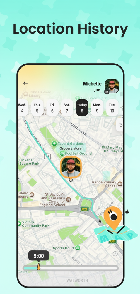 Linkly app location history interface showing daily activity timeline with movement patterns